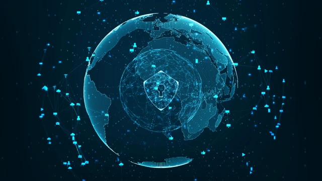 Digital globe with a shield and keyhole representing authentication and fraud prevention