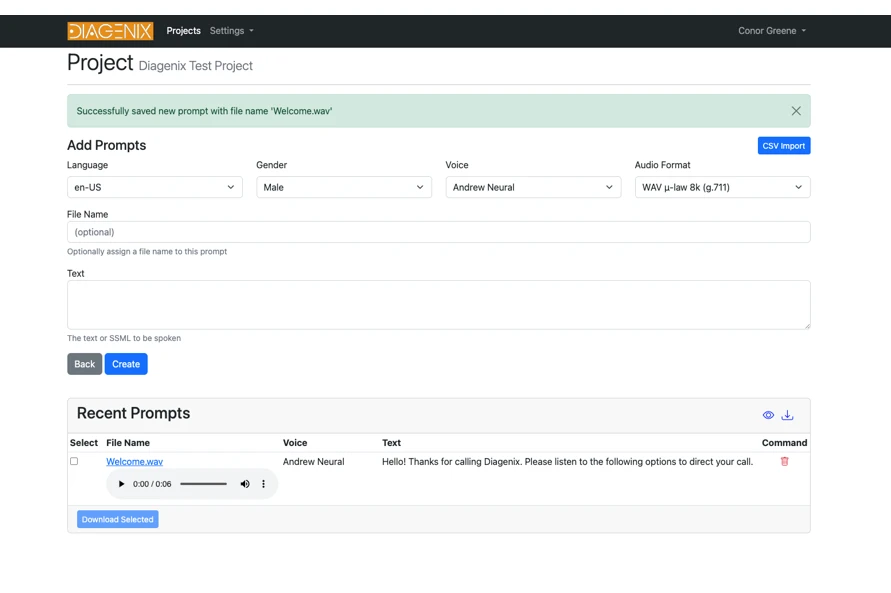 SimpleSpeak audio preview screen